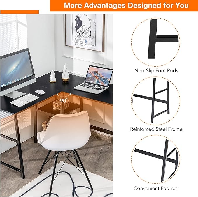 Tangkula L Shaped Desk Space Saving Corner Desk w/ 2 Tier Storage Shelves Study Writing Desk Workstation with Reinforced Metal Frame Home Office Desk (Black)