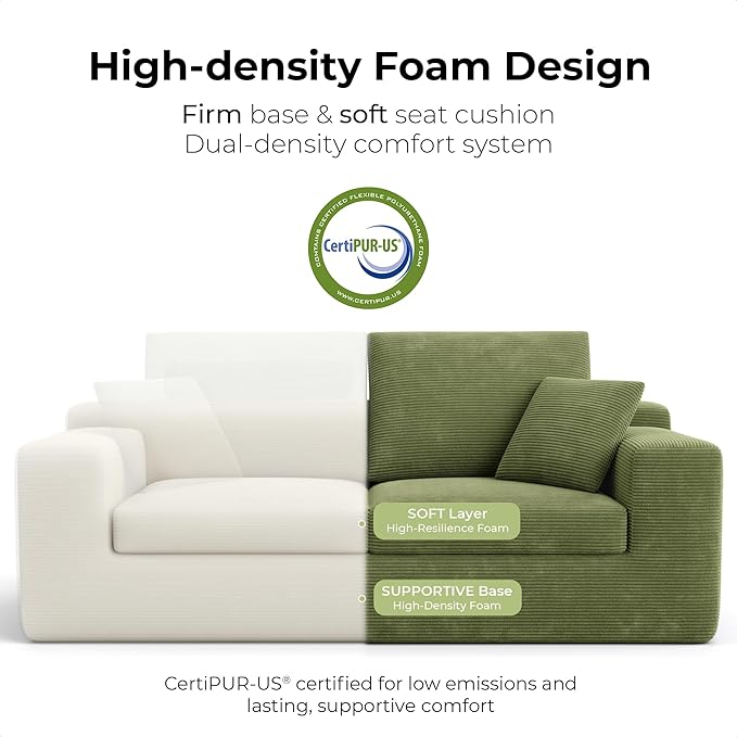 LIKIMIO 78 Loveseat Sofa in a Box Cloud Boneless Couch for Living Room with Comfy Deep Seat No Assembly Required Modern Upholstered Corduroy Sofa Apartment Home Office Green