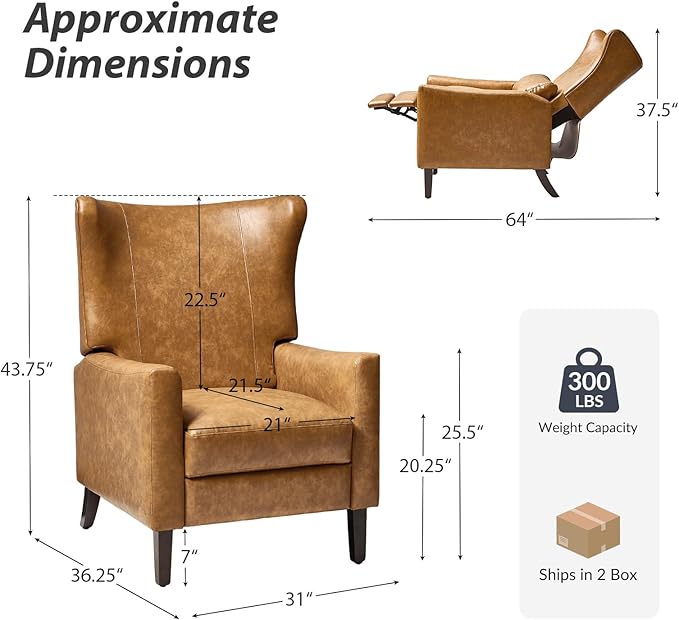 HULALA HOME Wingback Recliner Chair Faux Leather Upholstered Armchair with Lumbar Pillow Thick Padded Cushion and Solid Wood Legs for Living Room &amp Bedroom Set of 2 Camel