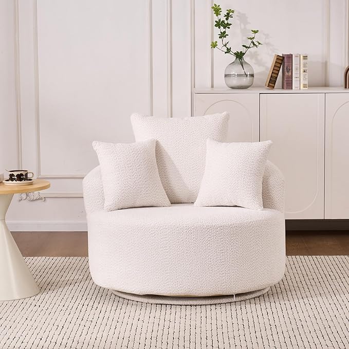 40” White Round Swivel Chair with 3 Pillows &amp Thick Cushion Oversized 360° Swivel Accent Chair Modern Boucle Armchair for Nursery Living Room Bedroom Club