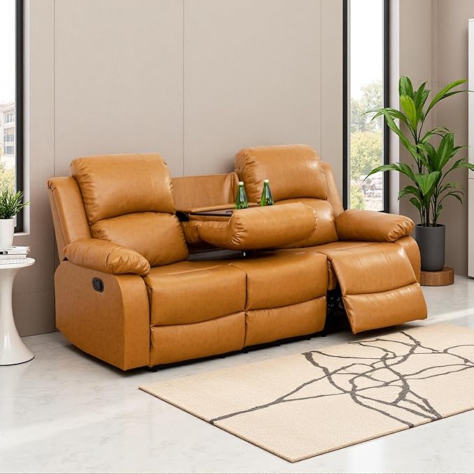 Leather Manual Recliner Sofa Modern 3 Seat Reclining Sofa Recliner Couch with Cup Holders &amp Coffee Table Luxury Couch Furniture for Living Room/Office/RV Car/Home Theater (3 Seater Ginger)