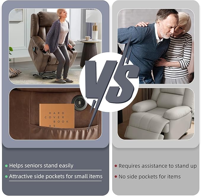 Power Lift Recliner Chair for Elderly Electric Recliner Chairs for Adults with Massage and Heat Cup Holders Remote Control USB Ports Side Pockets Leather (Ochre)
