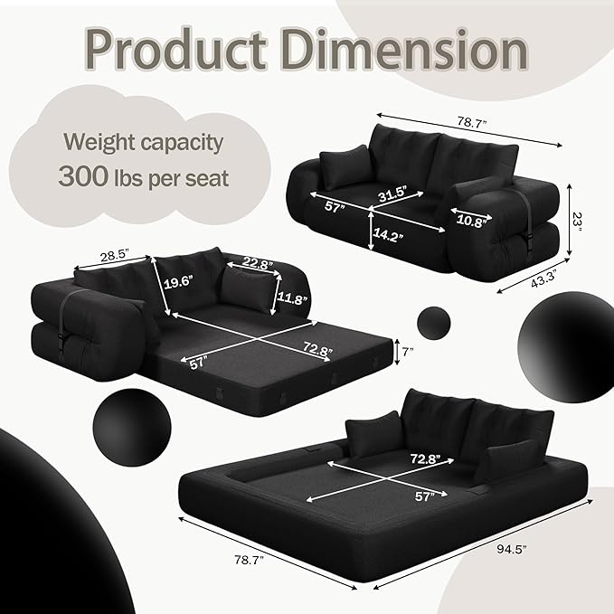 78.7 Convertible Sofa Bed 3-in-1 Folding Floor Couch with 4 Pillows Sleeper Sofa for Living Room and Guest Bed No Assembly Required (Black Teddy Fabric)