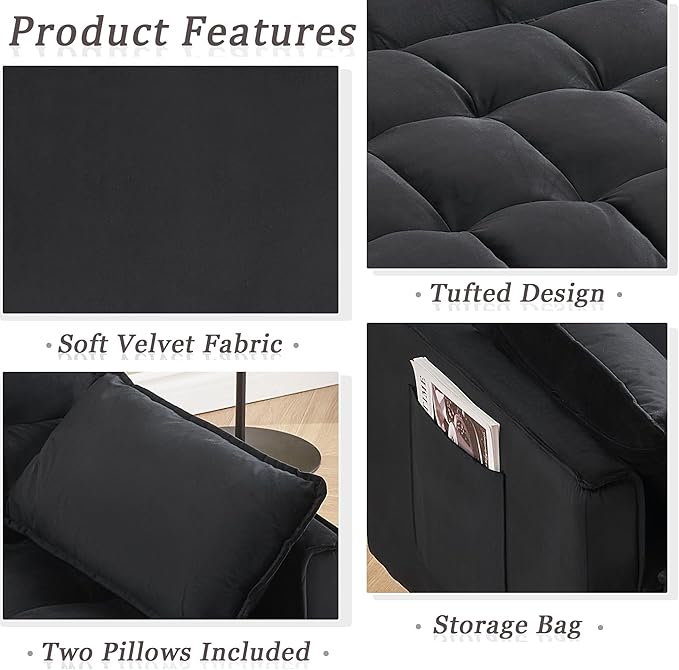 55 Sleeper Loveseat3 in 1 Sofa BedPull Out Couch Bed with 2 Pillows and Side PocketsVelvet Convertible Bed for Small Spaces Living Room (Black)