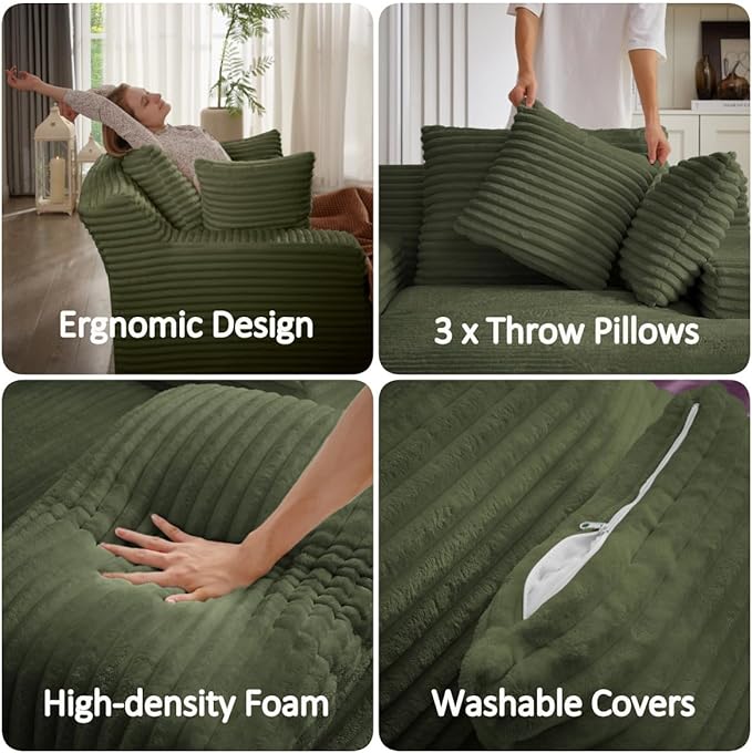 50 Inch Oversized Chaise Lounge Chair Indoor Corduroy Upholstered Sleeper Sofa Bed with Spring Cushion No Assembly Lazy Boneless Chaise Lounge for Bedroom Office Green