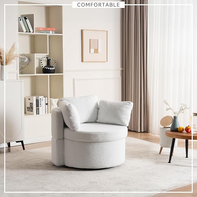 FOXHUNTER Swivel Barrel Chair 360 Degree Swivel Round Storage Chair with 3 Pillows Oversize Teddy Swivel Accent Chair Comfy Single Sofa Chair for Nursery Living Room Bedroom (Ivory)