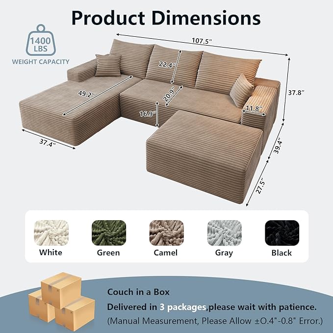 107 U Shaped Cloud Sectional Couch with Fluffy Corduroy Deep Memory Foam Seats Sofa with 1 Ottoman for Living Room No Assembly Required(CamelLeft-Facing Chaise)
