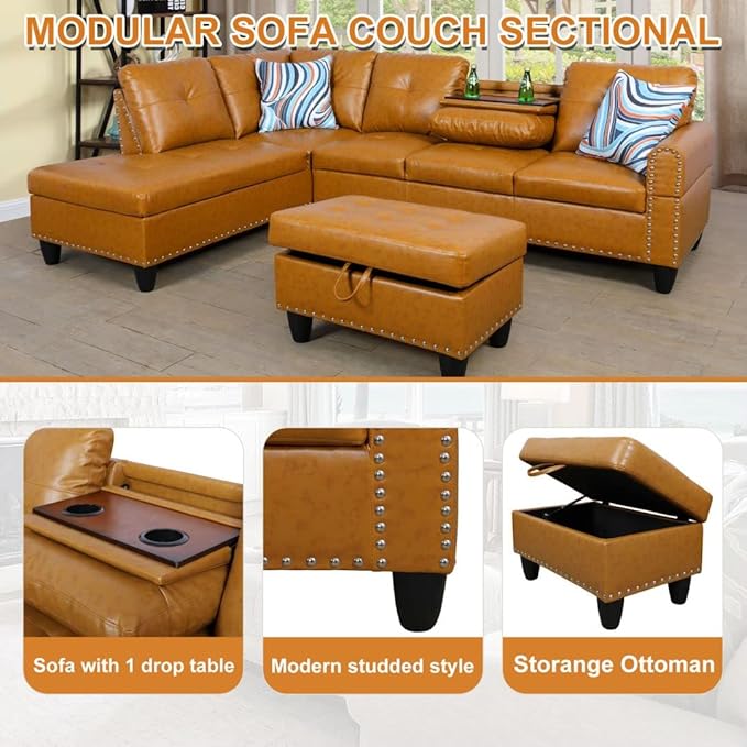 L Shaped Sectional Couch with Storage Ottoman Modern Nailhead Comfy Lounge Sofa with Reversible Cup Holder &amp Chaise 97 4 Seat Modular Sofá for Living Room Apartment Ginger