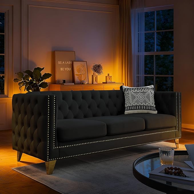 Chesterfield SofaVelvet 3 Seater Modern Couch with Button Tufted &amp Nailhead Trim Upholstered Deep Seat Couch Oversized Comfy Sofa for Living Room Bedroom Apartment Office(80.5W Black)