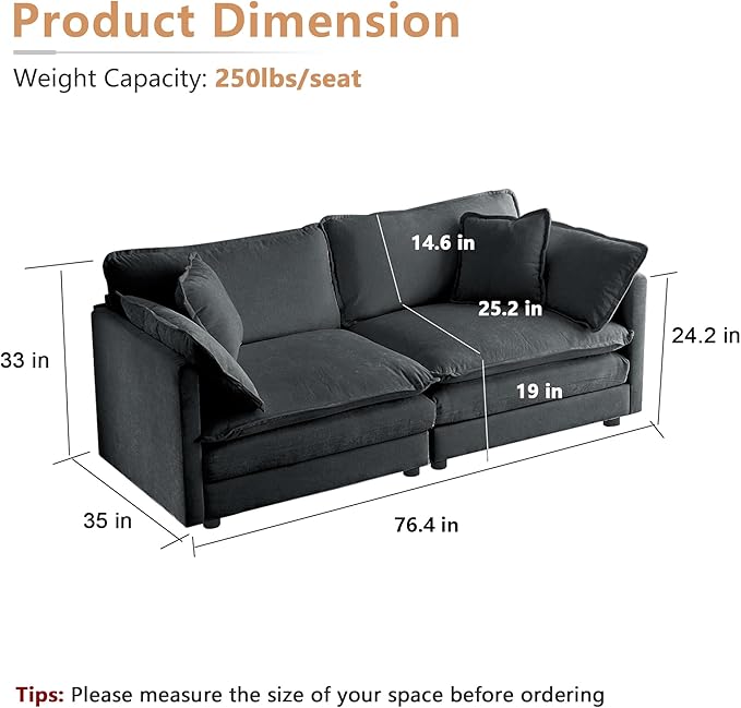 mikibama Luxury Loveseat Sofa Couch 76 Modern Chenille Deep 2-Seater Cloud Couch with 2 Armrest Pillows and 2 Toss Pillows Love Seat for Living Room Bedroom Office Apartment Grey