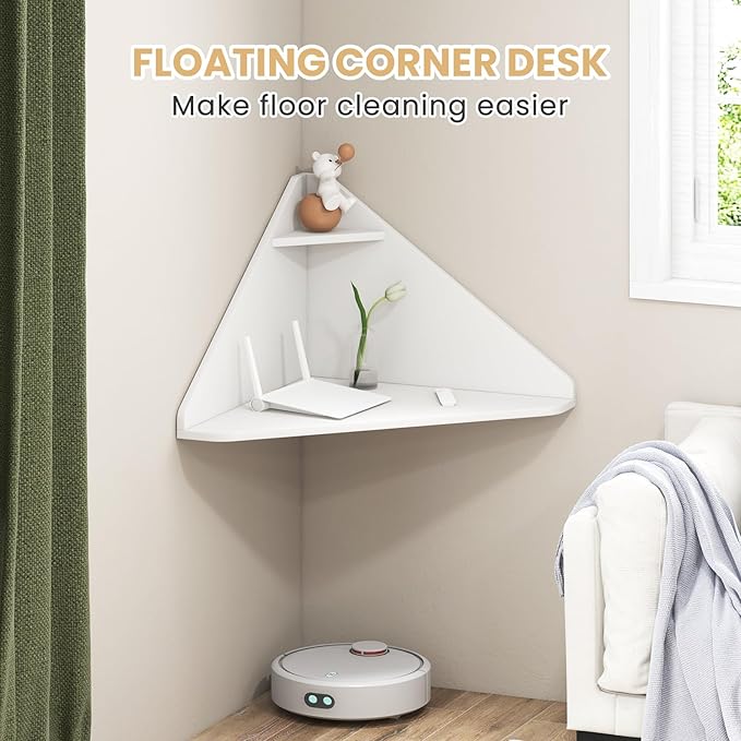 Giantex Corner Floating Desk Wall Mounted Computer Desk with Storage Shelf Space-Saving Writing Desk Triangle Laptop Desk for Living Room Study Bedroom Home Office &amp Small Spaces (White)