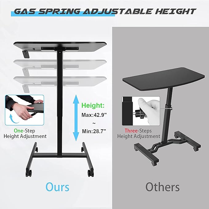 Generic Mobile Laptop Computer Desk Height Adjustable from 28.5 to 42.9 Pneumatic Adjustment Height Rolling Desk Mobile Table for Home and Office Black