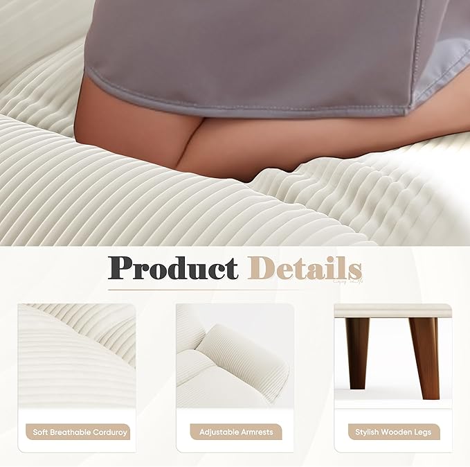 Homall Futon Sofa Bed Modern Loveseat Futon Couch with Adjustable Backrest and Armrests Sleeper Sofa Bed with Wood Frame for Living Room Office Apartment (Corduroy White)