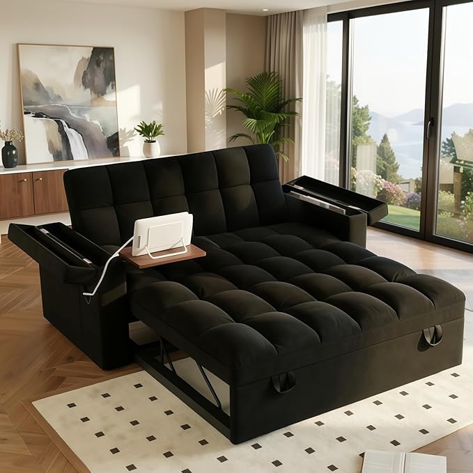 Convertible Sofa Bed 5-in-1 Pull Out Couch with Side Table Loveseat Sleeper Sofas Bed Couch with USB Port 65‘’ Velvet Pull Out Sofa Beds for Living Room Bedroom Apartment