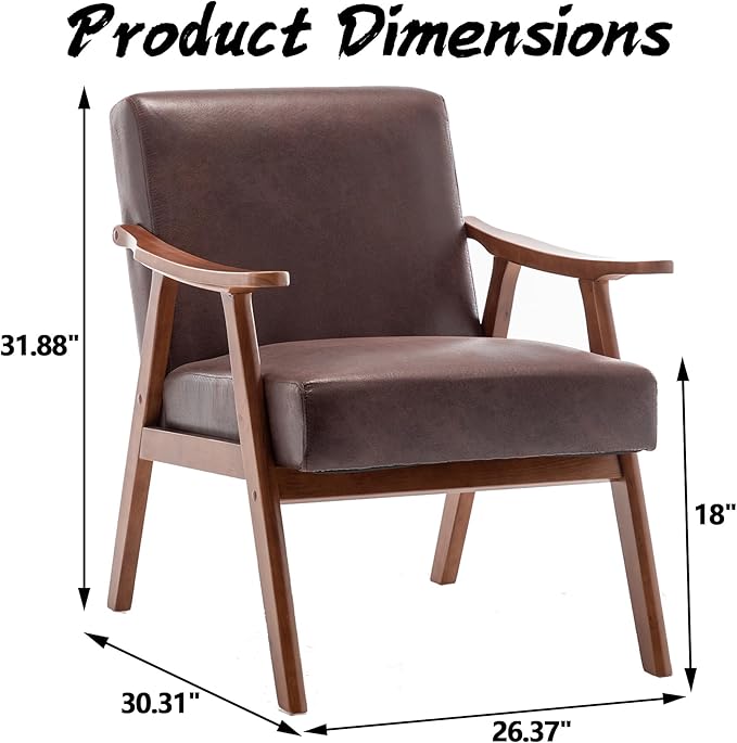Mid Century Modern Accent Chair Upholstered Armchair Comfy with Wood Legs Siting Chair with Soft Cushion PU Leather Side Chairs for Living Room Bedroom Office (Microfiber Dark Brown)