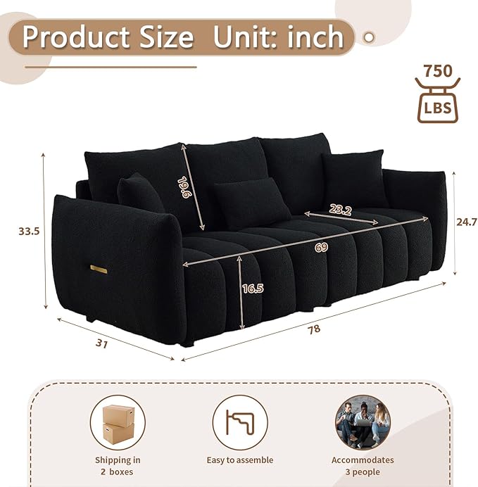 Antetek 78 Modern Sofa Couch Comfy Deep Seat Teddy Cloud Sofa Upholstered 3-Seater Boucle Couch Oversized Loveseat for Living Room Bedroom Office Apartment Black