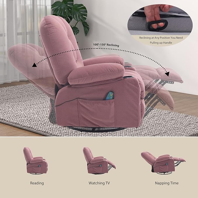 Rocker Recliner Chairs for Adults Swivel Recliners with Massage and Heat Fabric Overstuffed Glider with Cup Holder Rocking Nursery Chair Manual Reclining Single Sofa for Living RoomPink