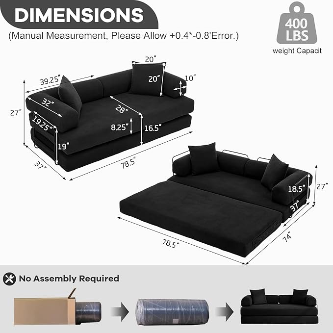 Convertible Folding Sofa Bed Modular Floor Sofa with Removable Backrest Corduroy Folding Mattress Couch with Fixed-Shape Frame for Living Room Bedroom Lounge (Black)