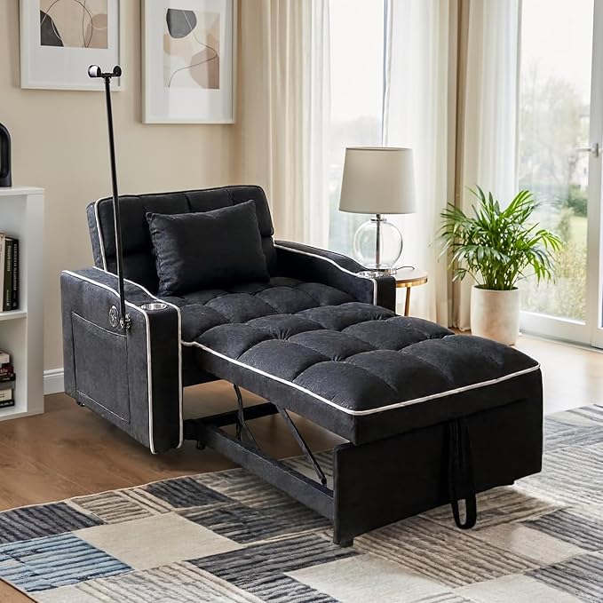 Sleeper Chair Pull Out Chair Sleeper with Bracket and Cup Holder Single Convertible Chairs Bed Sleepers for Adults 3 in 1 Sofa Bed Chairs for Small Spaces Living Room Black