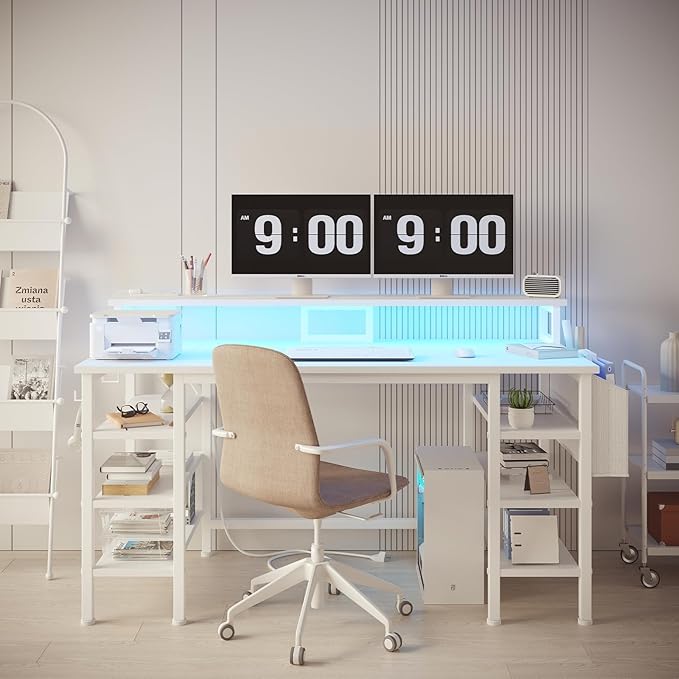 Lufeiya White Desk with Storage Shelves - 47 inch Home Office Gaming Desk with Monitor Stand Computer Desk with LED Lights and Power Outlets White