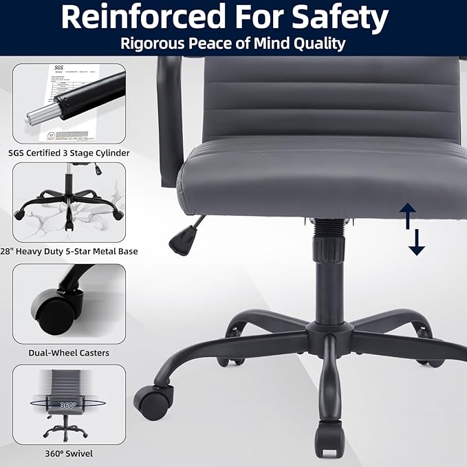 Office Chair Ergonomic Executive Conference Room Chairs Ribbed Leather Desk Chair with Lumbar Support Adjustable Height Mid-Back Swivel Chair with Padded Seat