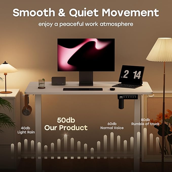 Small Standing Desk 40 ×20 Electric White Standing Table Height Adjustable Compact Sit Stand Desk with Splice Board Home Office Table with 2 Hooks