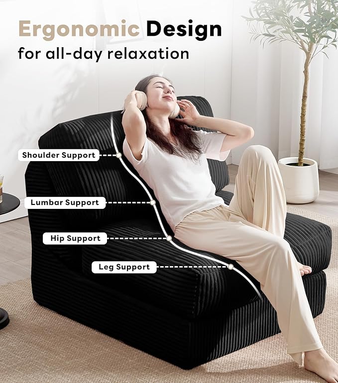 Tbfit 35.8'' Folding Sofa Bed Convertible Sleeper Chair with Large Pillow Corduroy Folding Couch Bed Portable &amp Foldable Mattress Boneless Floor Sofa Set of 2 Black