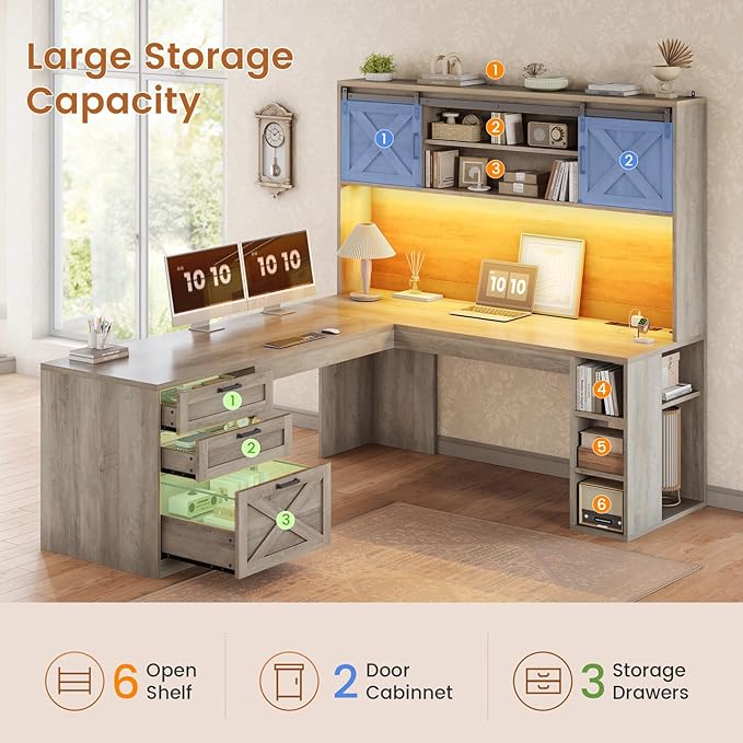 SEDETA 67 Farmhouse L Shaped Desk with Hutch Home Office Desks with Drawers &amp Sliding Doors Corner Computer Desk with Storage Shelves &amp Power Outlets Executive Desk with LED Lights (Grey)