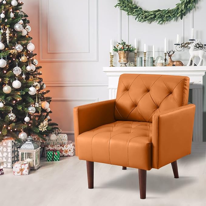 Faux Leather Accent Chair Modern Retro Arm Chair for Living Room and Bedroom Tufted Upholstered Sofa Club Chair Comfy Armchair for Small Spaces Bedroom Office (Orange)