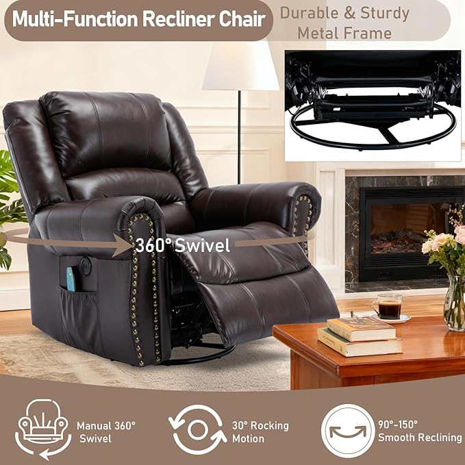 Manual Massage Swivel Rocker Recliner with Heat and Vibration 360° Swivel Glider Rocking Recliner Chair Classic Living Room Lounge Recliners with Side Pockets &amp USB Ports Brown