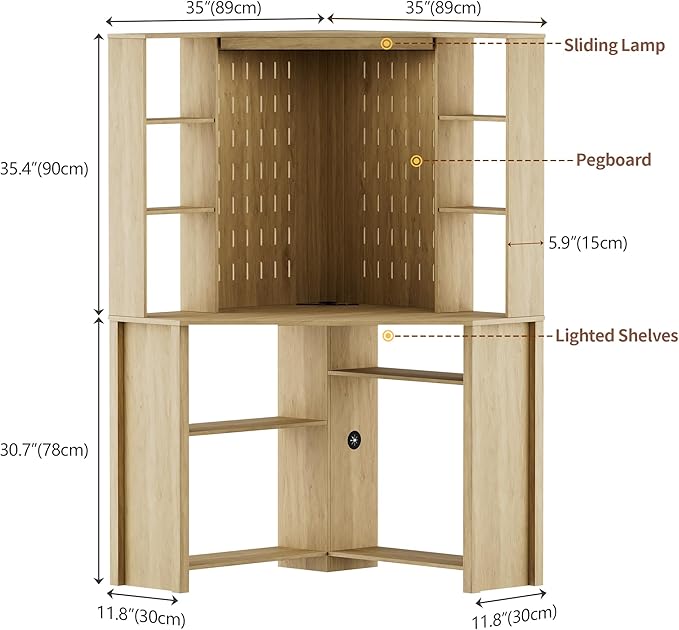 L-Shaped Corner Desk LED Light Computer Desk with Charging Station Hutch Storage Shelves &amp File Cabinet Home Office Desk Workstation for Small Space Natural Wood