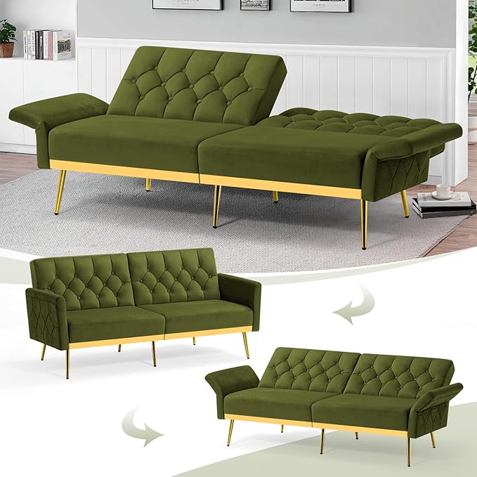 Velvet Sofa Bed w/Adjustable Armrests and Backrests Modern Convertible Sleeper Sofa Tufted Futon Sofa for Bedroom Living Room Apartment Olive Green