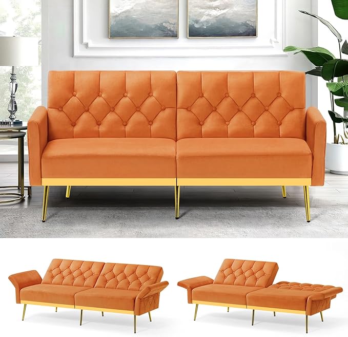 Velvet Sofa Bed w/Adjustable Armrests and Backrests Modern Convertible Sleeper Sofa Tufted Futon Sofa for Bedroom Living Room Apartment Orange