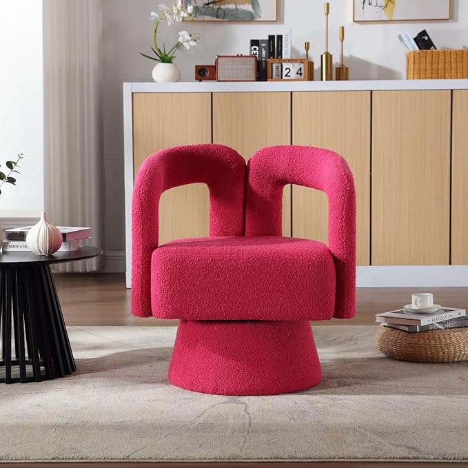 360 Degree Swivel Cuddle Barrel Accent Chairs Round Armchairs with Wide Upholstered Fluffy Fabric Chair for Living Room Bedroom Office Waiting Rooms (Rose Red)
