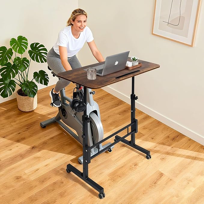 Standing Desk Adjustable Height Rolling Walking Pad Desk Small Mobile Table with Wheels Portable Stand Up Table for Standing or Sitting Size 31.5x15.7 Inch Rustic