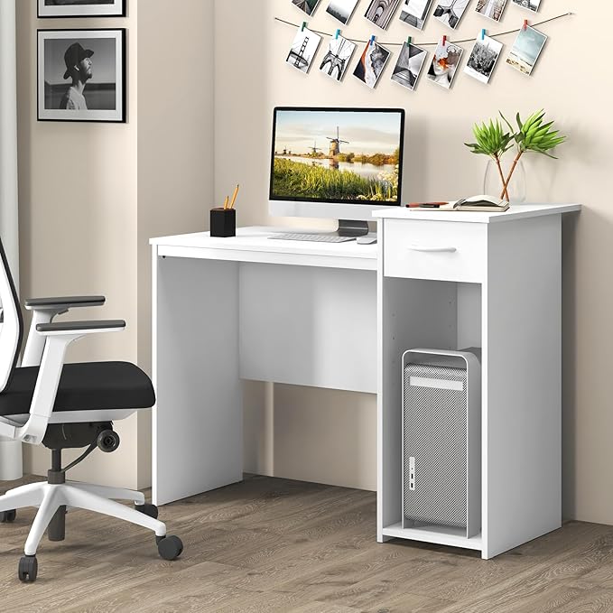 Tangkula White Desk with Drawer Modern Computer Desk with Adjustable Shelf &amp Cable Hole Compact Writing Study Desk Wooden Computer Workstation for Home or Office White