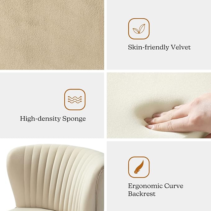 Tina's Home Velvet Armless Accent Chair Upholstered Modern Small Side Chair with Golden Legs Comfy Cute Wingback Slipper Chair for Living Room Study Beauty Room Thickly Padded(TAN)