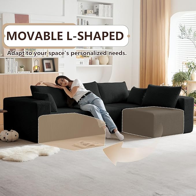 104 L-Shaped Corduroy Cloud Modular Sofa Modern 4-Seater Sectional Couch with 6 Pillows Deep Seat Upholstered Convertible Sofa Bed for Living Room No Assembly Required (Black)