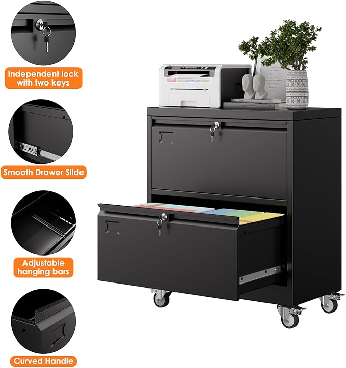 METAN Upgrade 2 Drawers Lateral File Cabinet on WheelsSteel Office Filing Storage Cabinet with 2 LocksAssembly RequiredBlack