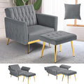 Velvet Accent Chair with Adjustable Armrests and Backrest Button Tufted Lounge Chair Single Recliner Armchair with Ottoman and Pillow for Living Room Bedroom Grey