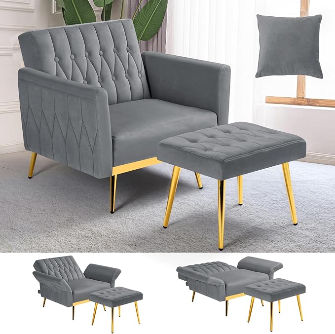 Velvet Accent Chair with Adjustable Armrests and Backrest Button Tufted Lounge Chair Single Recliner Armchair with Ottoman and Pillow for Living Room Bedroom Grey