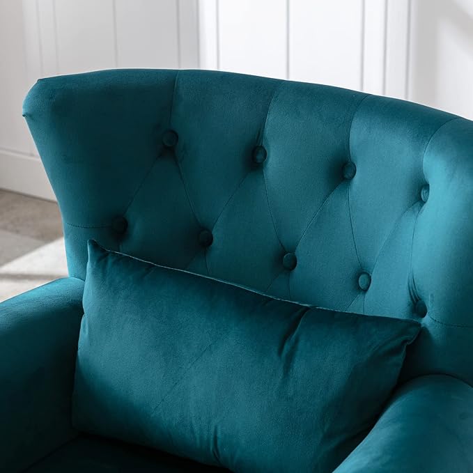 Mid Century Modern Accent Chair Upholstered Armchair Comfy Velvet Tufted Wingback Single Sofa with Ottoman for Bedroom Living Room Teal