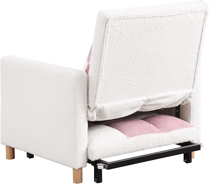Convertible Sleeper Chair 3-in-1 Sleeper Chair Pull-Out Futon Bed for Small Space Soft Teddy Fabric Sturdy Metal Frame Pink