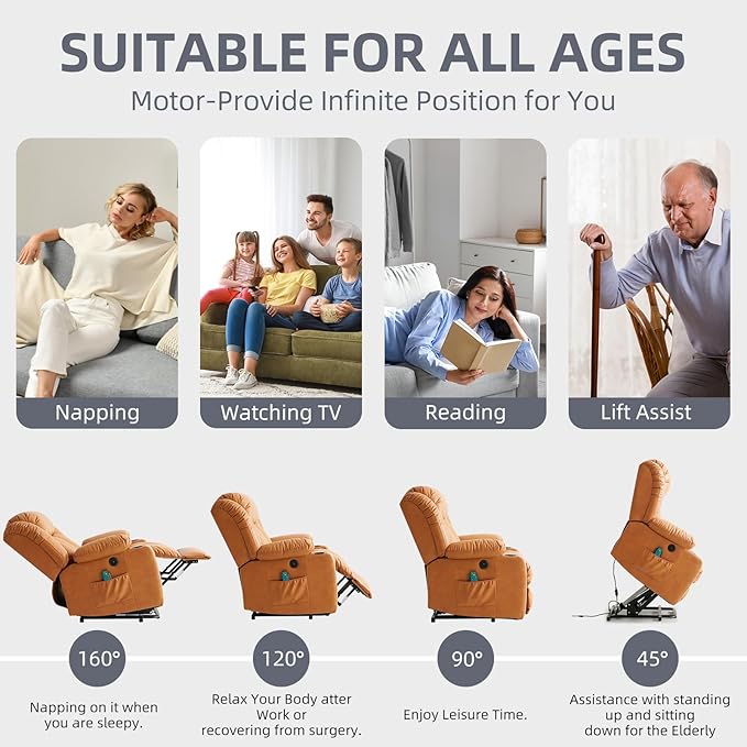 Power Lift Recliner Chair for Elderly Electric Recliner Chairs for Adults with Massage and Heat Cup Holders Remote Control USB Ports Side Pockets Leather (Golden Orange)
