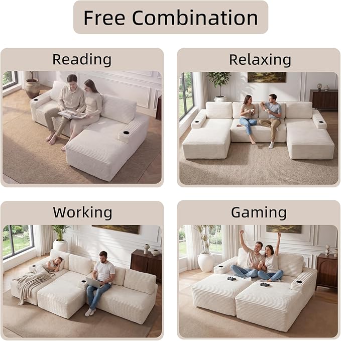 134 Modular Sectional Sofa Cloud Sectional Couch with Deep Seats Built-in Cup Holders &amp Side Pockets Upholstered Boneless Modern Modular Corduroy Sofa Couch with Chaise for Living Room Bedroom