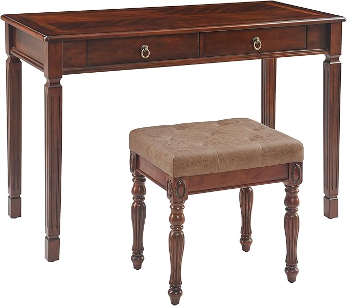 Solid Wood Makeup Vanity Table Set 46.1 Large Dressing Vanity Table with 2 Drawers and Vanity Bench Stool Writing Desk with Solid Wood Legs &amp Button Tufted Cushioned Stool Cherry&ampLight Brow