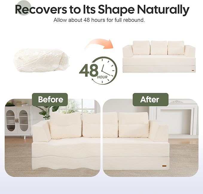COMAX Futon Sofa Bed Queen 79 Convertible Sofa Bed Couches for Living Room 4 in 1 Folding Boneless Sleeper Corduroy Couch Loveseat Foam In a Box Comfy Foldable Lounge Fold Out Floor Mattress Beige