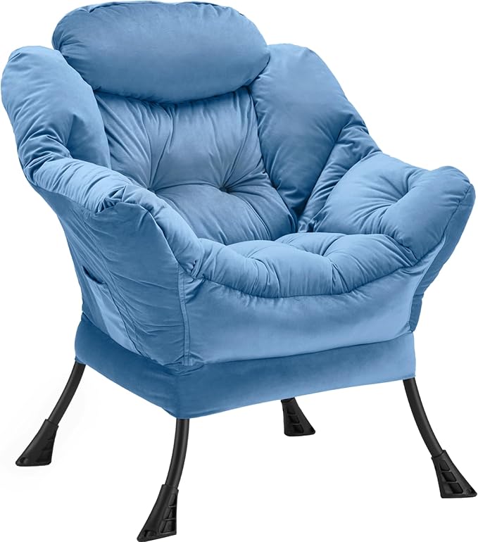 Lazy Chair Thick Padded Comfy Velvet Accent Lounge Chair with Stable Frame Leisure Sofa Armchair with Armrests and Side Pocket Reading Chair for Bedroom Living Room Office Light Blue