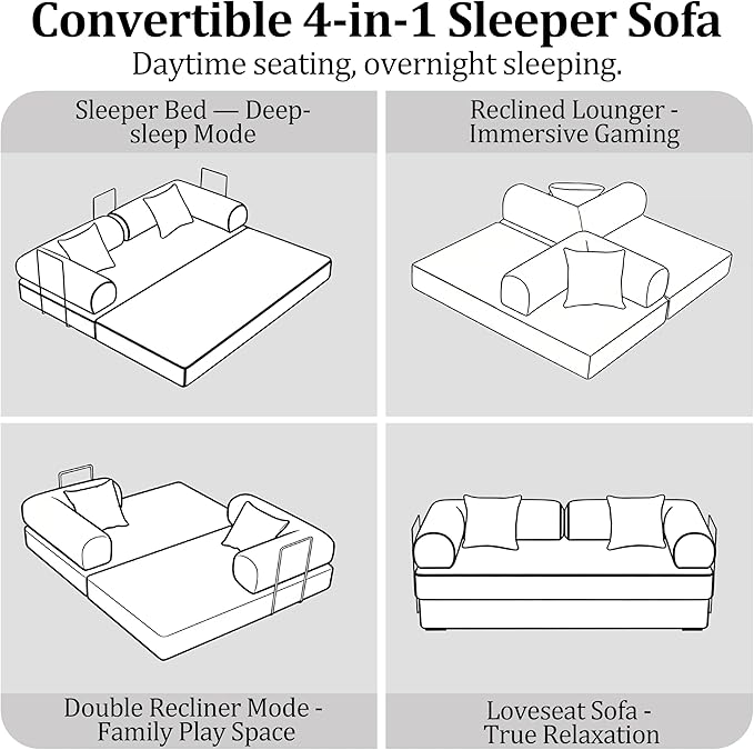53.15'' Convertible Compressed Corduroy Folding Cloud Sofa Bed Modern Boneless Pull Out Loveseat Sleeper in a Box 4 in 1 Floor Mattress Futon Cloud Couch No Assembly Needed Grey 2 Pillows Full