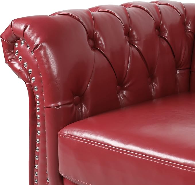 RARZOE Modern 2 Pieces Living Room Sofa Set Contemporary Tufted Button Faux Leather Three-Seater Couch and Accent Club Chairwith Nailhead Trim Scroll Arms for Home Furniture Burgundy